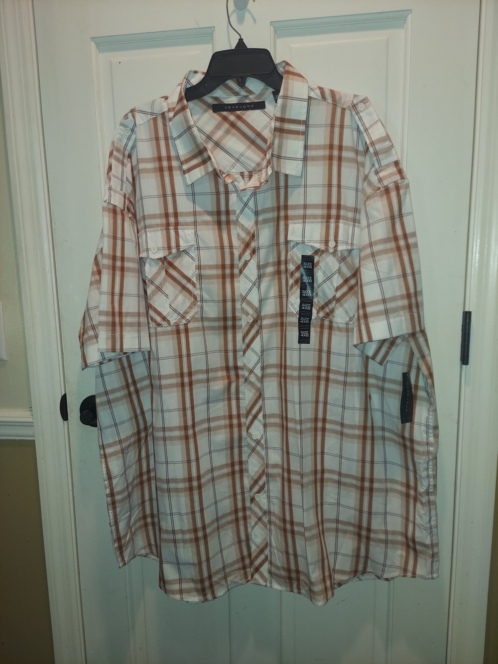 Sean John Short Sleeve Plaid Button-Down Shirt in White & Brown